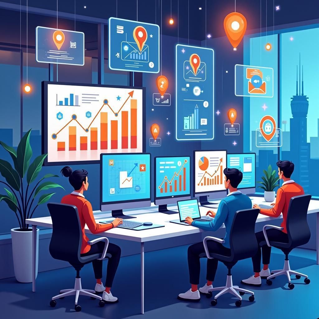 Illustration of a team of professionals analyzing financial charts and location-based data on multiple screens, highlighting business growth, market insights, and small business loan opportunities in Michigan.