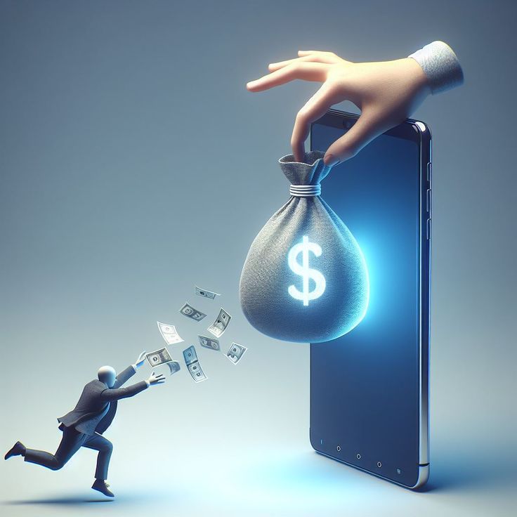 Illustration of a businessman reaching toward a large money bag emerging from a smartphone, symbolizing fast digital funding, fintech solutions, and easy access to small business loans in Minnesota.