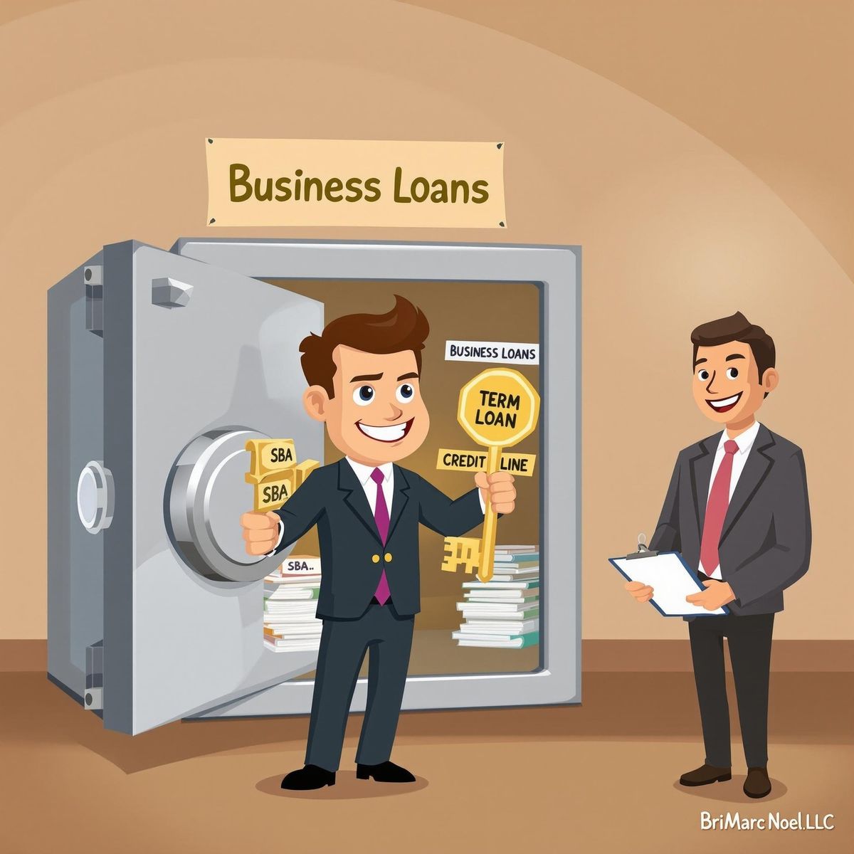 Illustration of business loans in Missouri showing a businessman opening a vault filled with loan options like SBA loans, term loans, and credit lines, while another professional reviews documents, representing secure funding solutions for businesses.