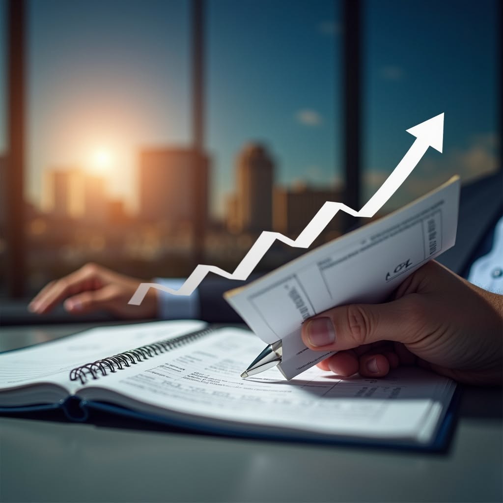 Business owner reviewing financial documents and loan paperwork with an upward growth chart, representing business loans in Texas that help companies improve cash flow, expand operations, and achieve long-term growth.