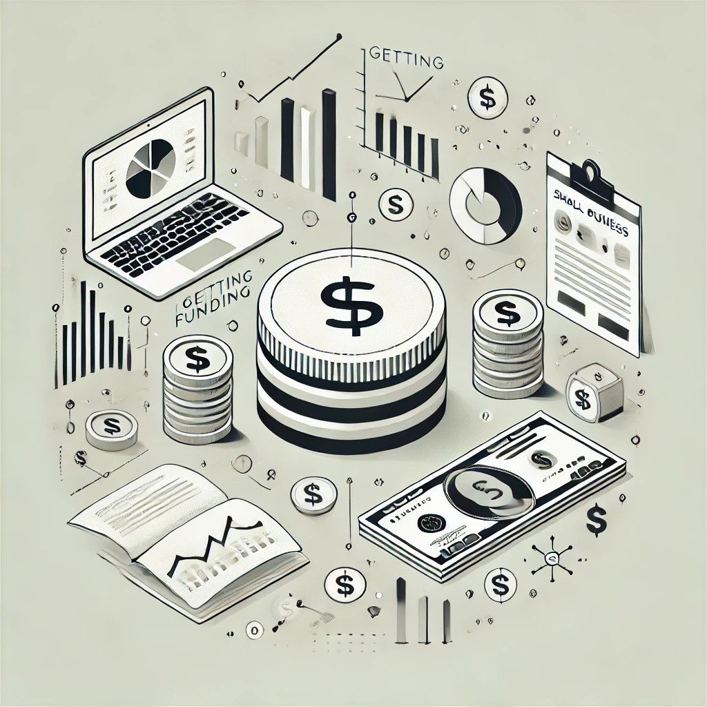 The illustration features various financial and business elements in a monochromatic style, including stacks of coins with dollar signs, a large coin with a dollar sign in the center, a dollar bill, a laptop displaying charts, a financial report, and bar 