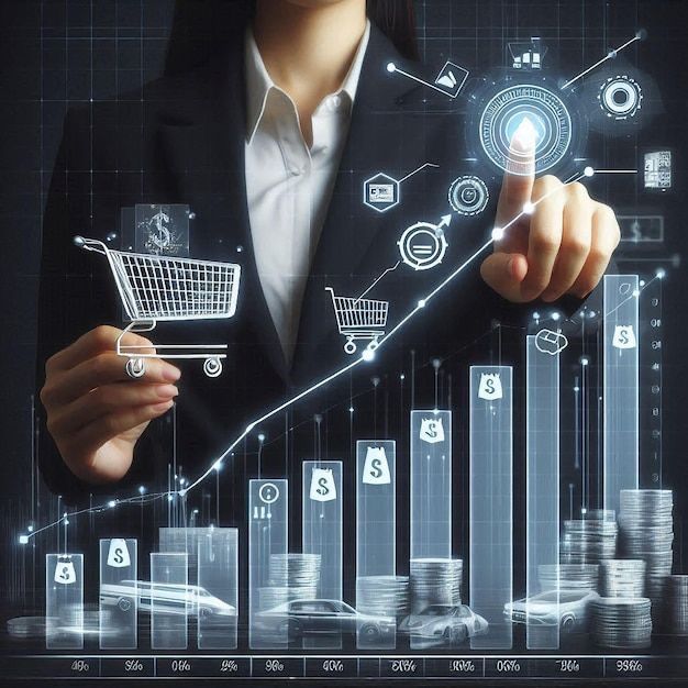 Business professional interacting with a digital interface showing shopping icons, financial charts, and rising bar graphs, representing growth and merchant cash advance opportunities in South Carolina.