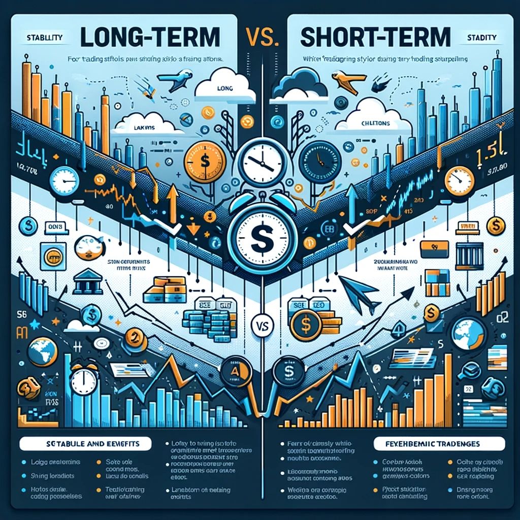 This infographic compares the characteristics and metrics of long-term versus short-term strategies, emphasizing stability and growth over time.