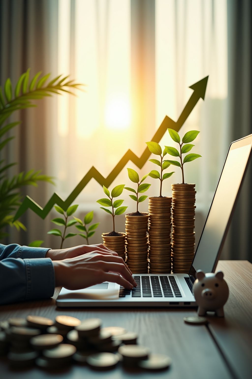 Person working on laptop beside stacks of coins with small plants growing, showing savings, investment growth, and financial progress.