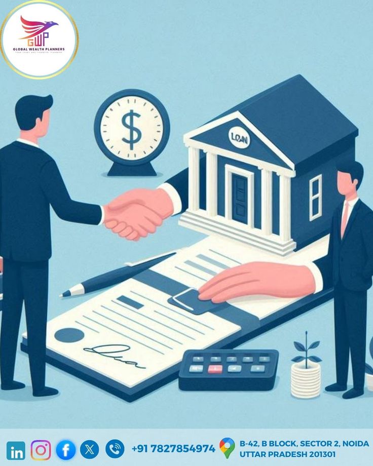 Illustration of a business loan agreement showing two professionals shaking hands across signed documents, with a bank building, calculator, and clock symbolizing approved financing, trust, and timely funding for businesses.